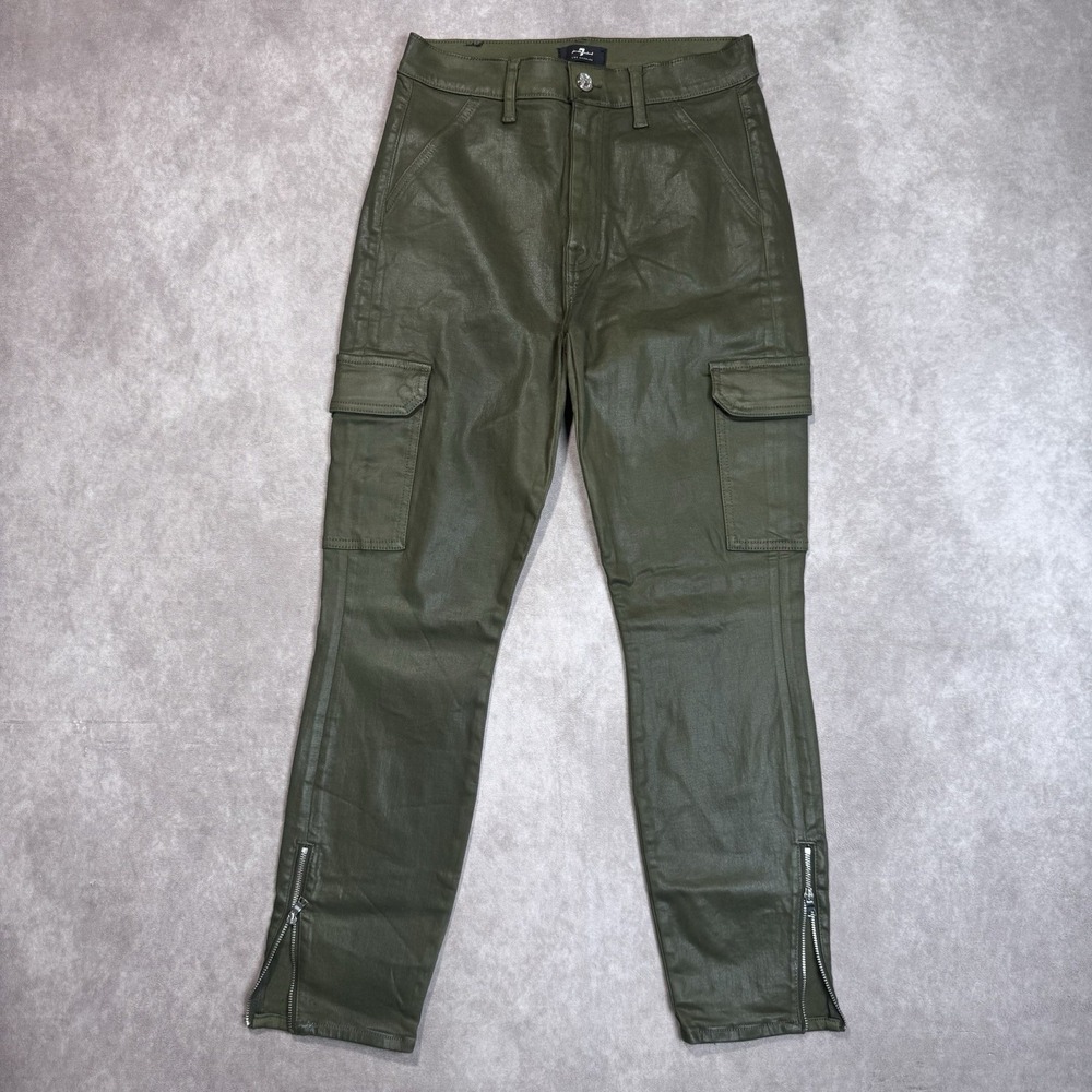 7 For All Mankind Coated Cargo Pants Size 28 Green Skinny High Ankle Zip